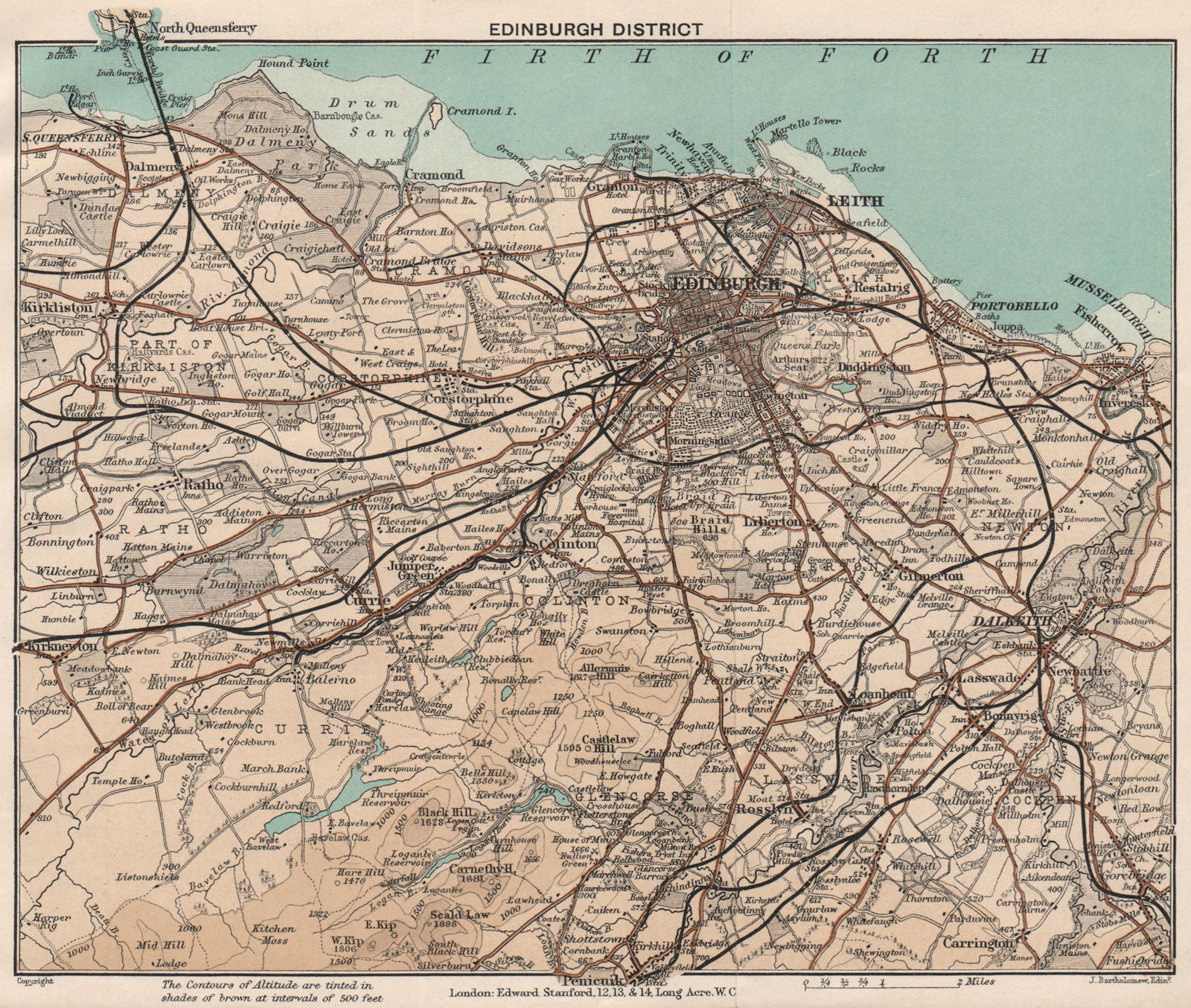 EDINBURGH DISTRICT. Leith Dalkeith. Vintage map. Scotland. STANFORD 1905